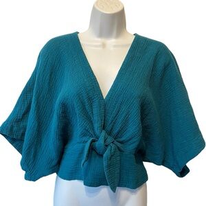 Floreat Anthropologie tied blouse S Blue Crinkle gauze top Smocked back V-neck